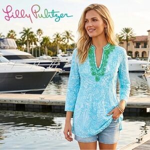 Lilly Pulitzer Sarasota Beaded Cotton Tunic Shorely Blue Sea Cups SZ XS